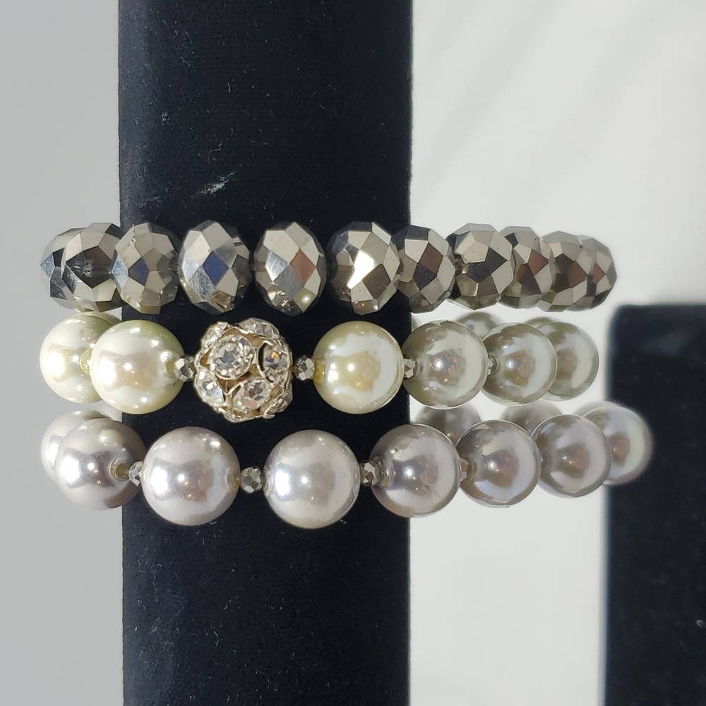 Ali khan 3pc glass pearl stretch bracelet ,gray,black,pearl with rhinestone